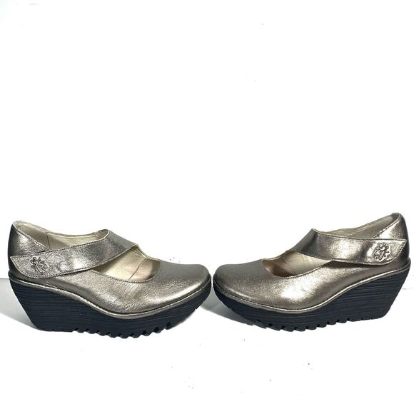 Fly London Yasi Metallic Bronze Leather Platform Wedge Shoes - EUR 37 W - Picture 1 of 16